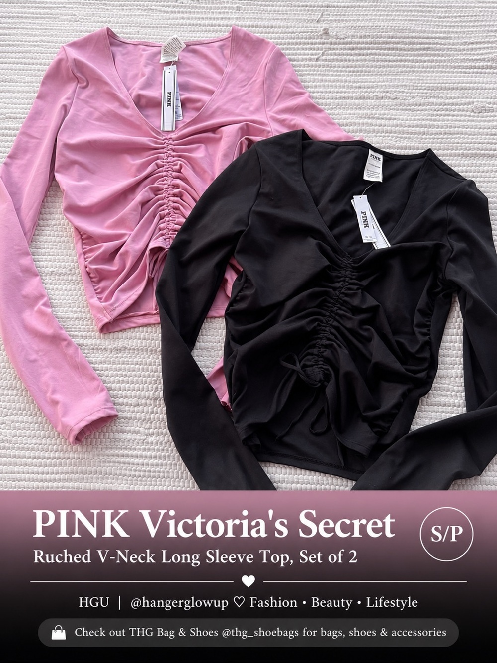 PINK Victoria’s Secret Ruched Long Sleeve V-Neck Top Bundle 2 NWT Sz S